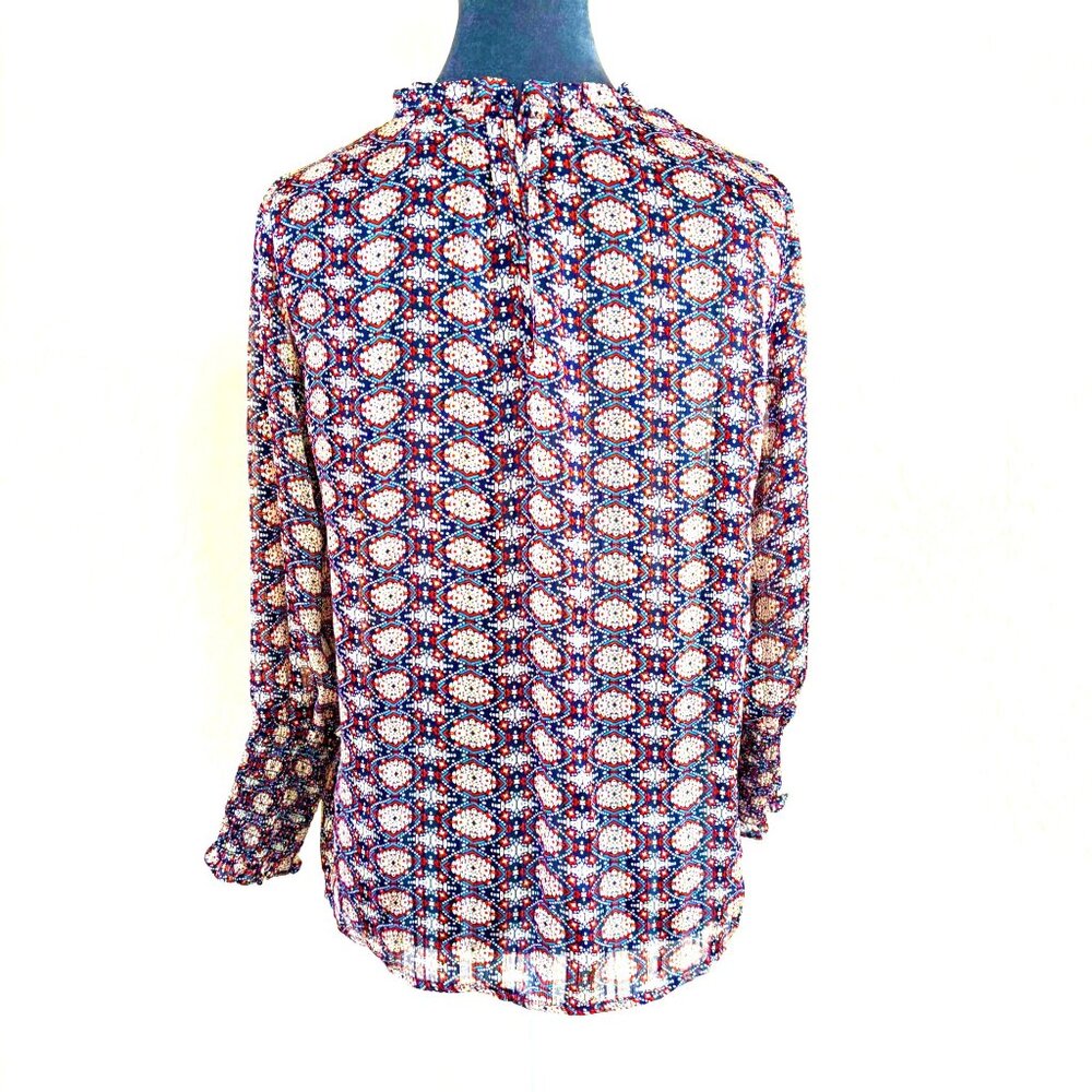 Maison d'Amelie High Collar‎ Long Sleeve Blouse - Royal/Orange/White - Size S - Picture 2 of 12